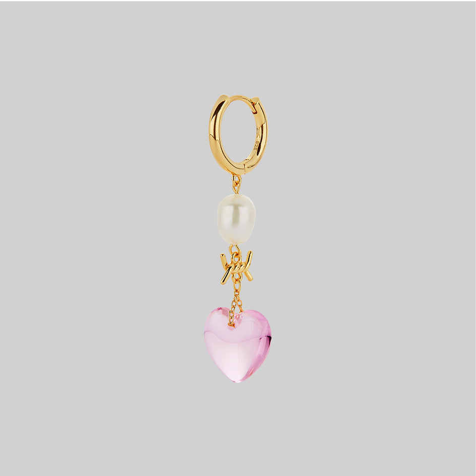 Pink glass heart pearl hoop earrings