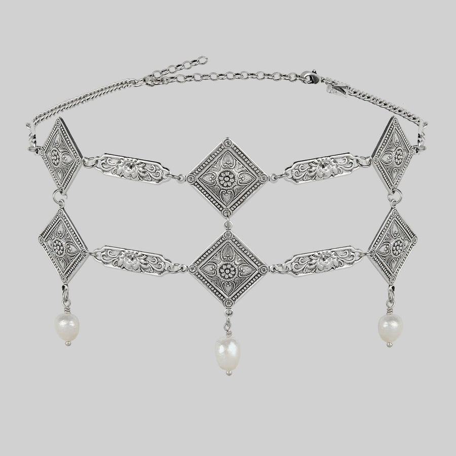 ornate gothic pearl silver choker