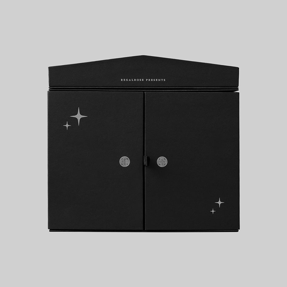 Regalrose 12 Day Jewellery Advent Calendar, black Gothic cathedral box with silver foil stars and double doors, front view