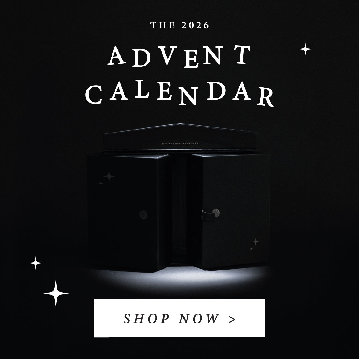 The 2026 Advent Calendar, shop now. Regalrose advent calendar box with its doors slightly open under a spotlight