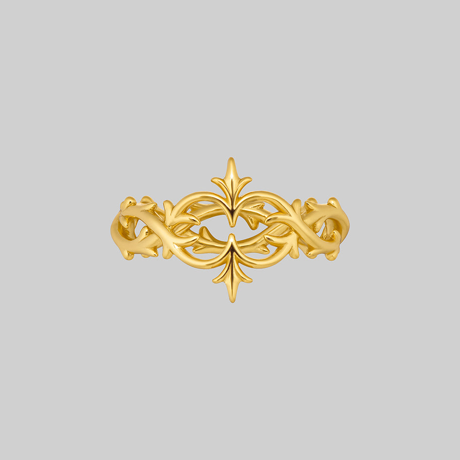 Alianor 18k gold plated silver heraldic lily interlace ring, front view
