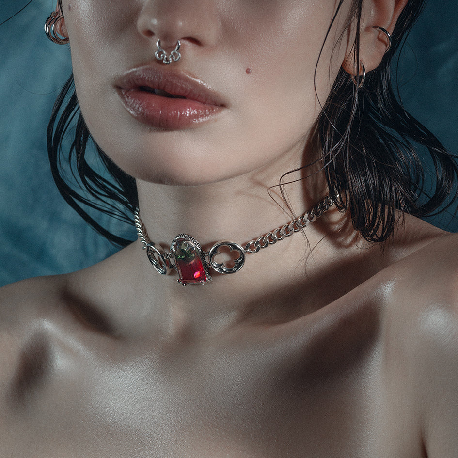 gothic cathedral window green pink tourmaline glass choker silver arch ombré