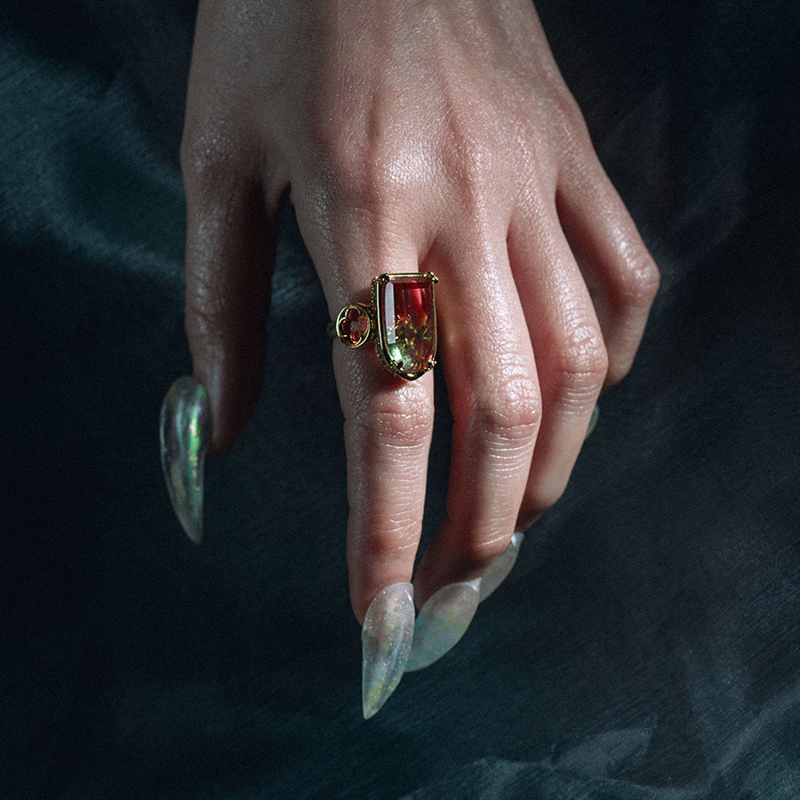 gothic cathedral window green pink tourmaline glass ring gold arch ombré