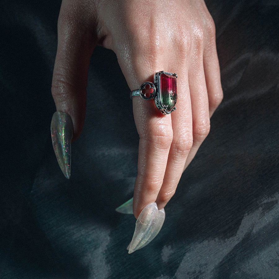 ALTAR. Gothic Arch Tourmaline Glass Ring - Silver gothic cathedral window green pink tourmaline glass ring silver arch ombré