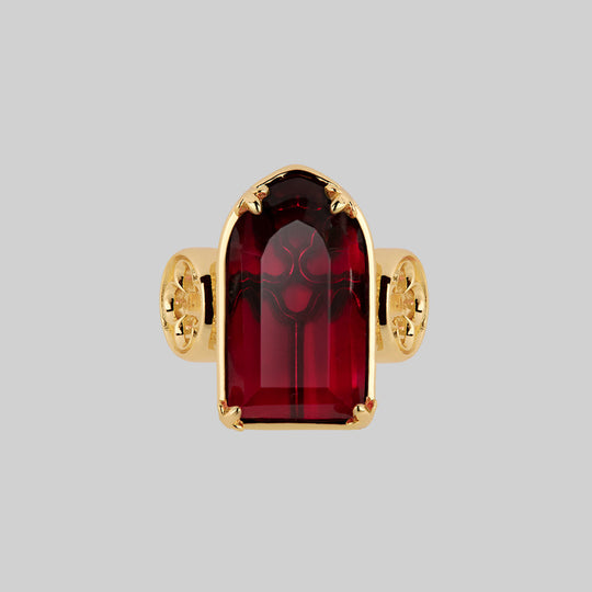 ALTAR. Gothic Arch Red Glass Ring - Gold
