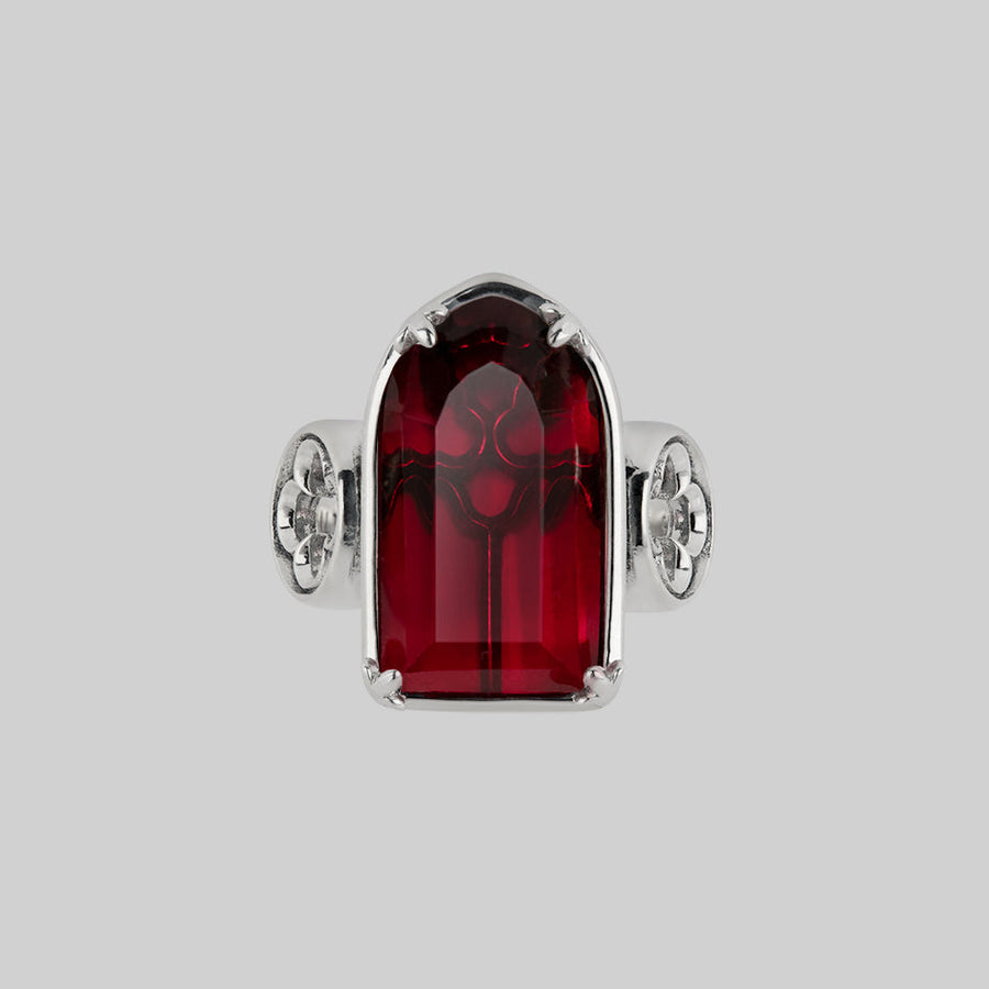 gothic cathedral window red glass ring silver arch