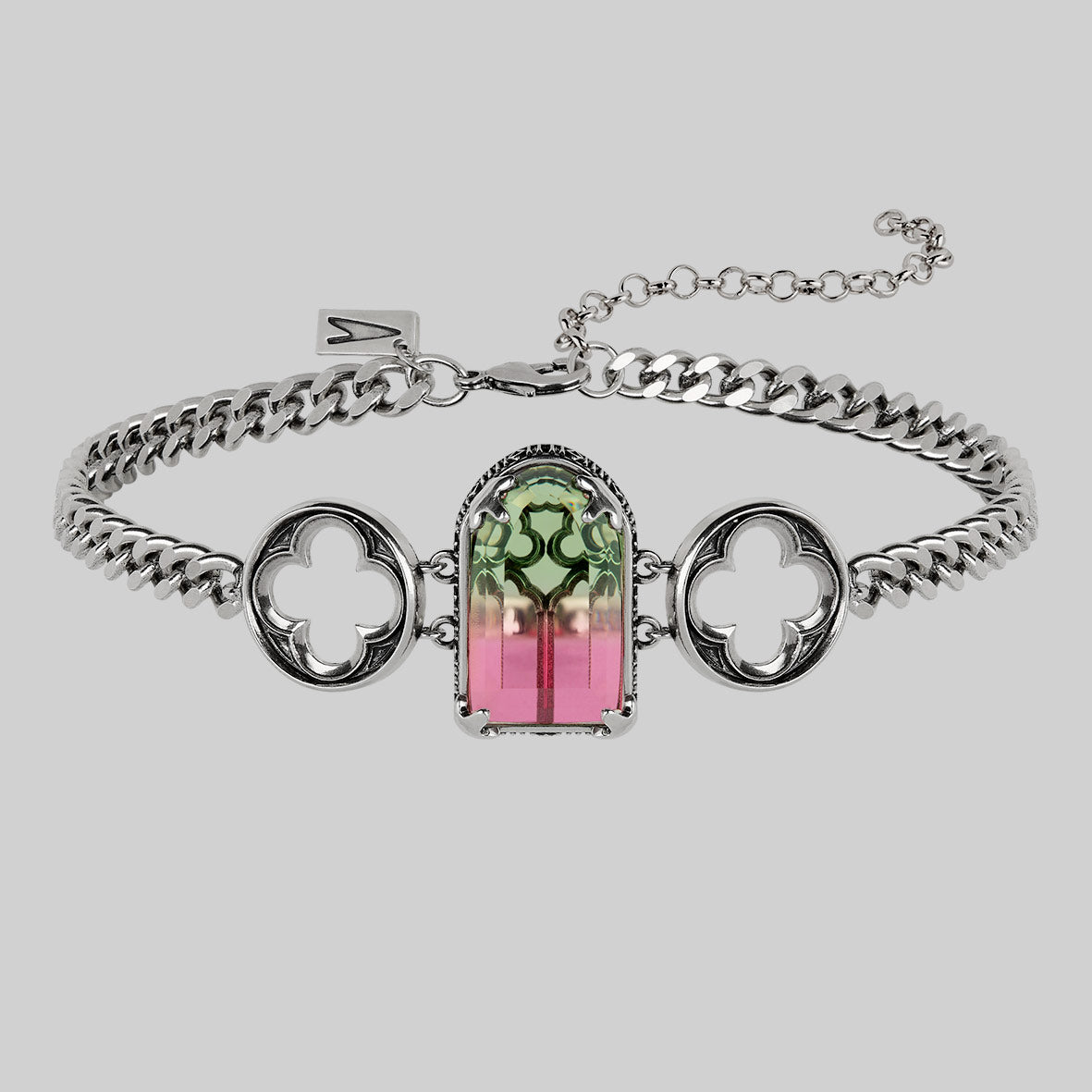 gothic cathedral window green pink tourmaline glass choker silver arch ombré