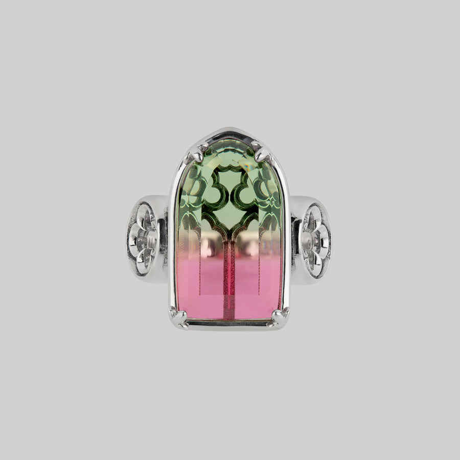 gothic cathedral window green pink tourmaline glass ring silver arch ombré