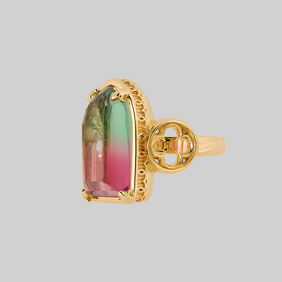 ALTAR. Gothic Arch Tourmaline Glass Ring - Gold gothic cathedral window green pink tourmaline glass ring gold arch ombré