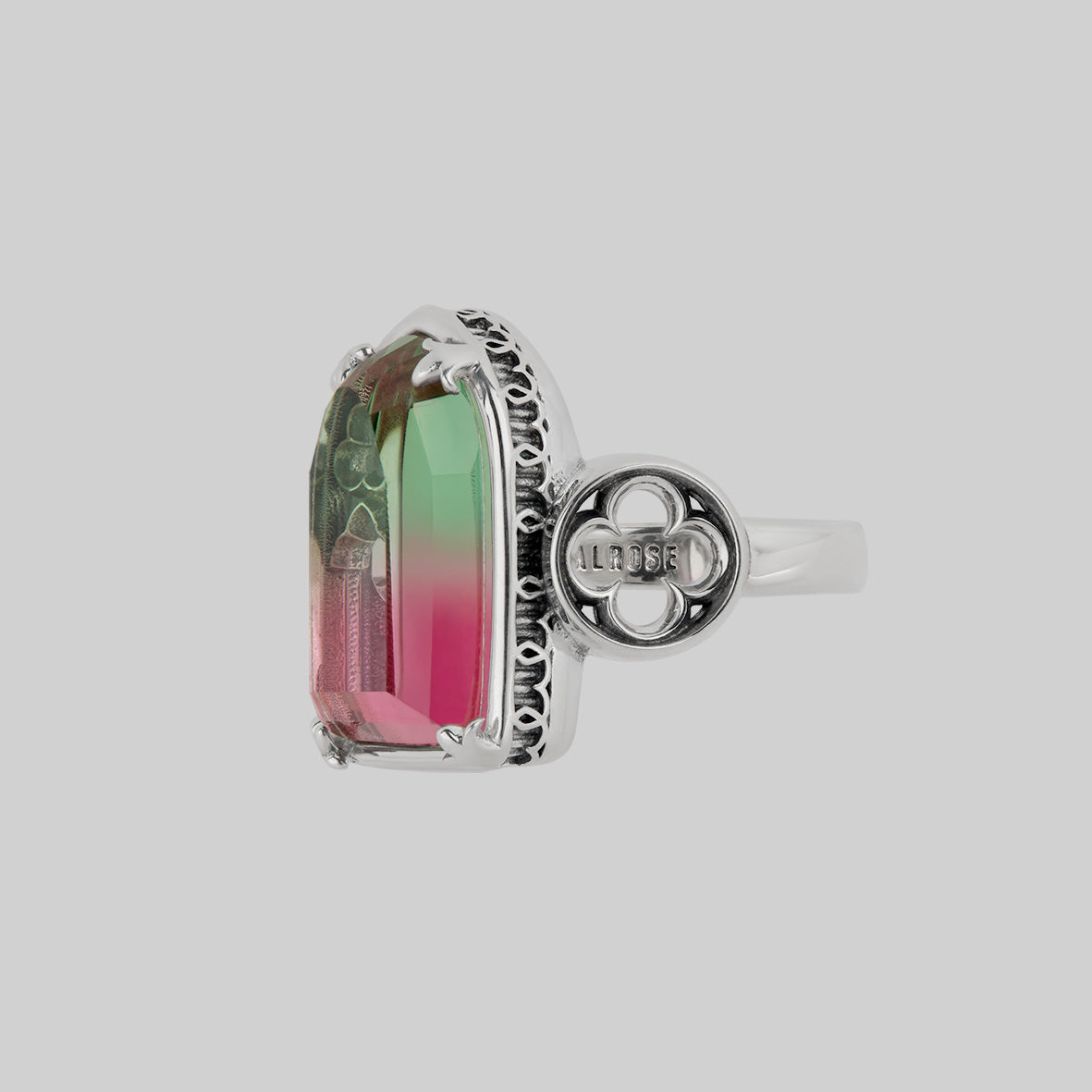 gothic cathedral window green pink tourmaline glass ring silver arch ombré