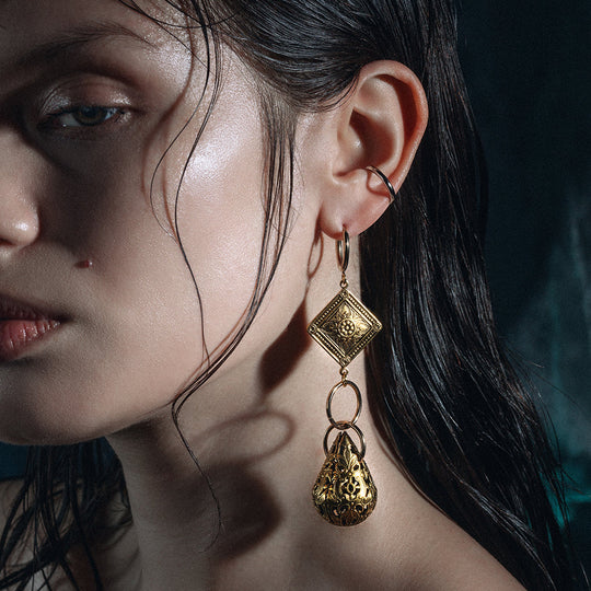AMPHITRITE. Ornate Teardrop Hoop Earrings - Gold