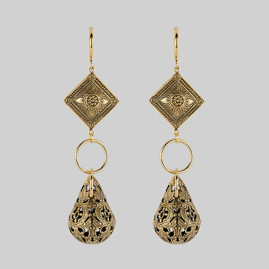 AMPHITRITE. Ornate Teardrop Hoop Earrings - Gold