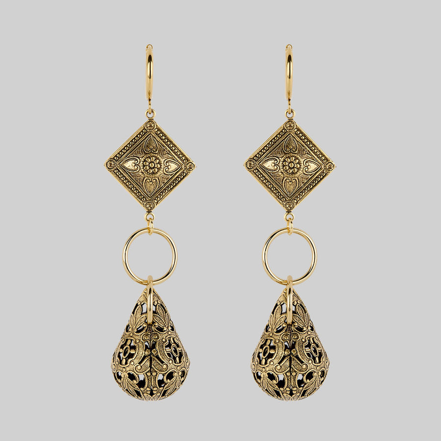 AMPHITRITE. Ornate Teardrop Hoop Earrings - Gold
