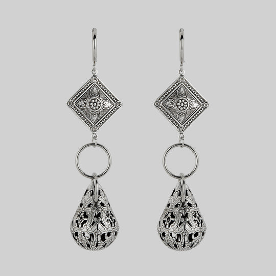 AMPHITRITE. Ornate Teardrop Hoop Earrings - Silver
