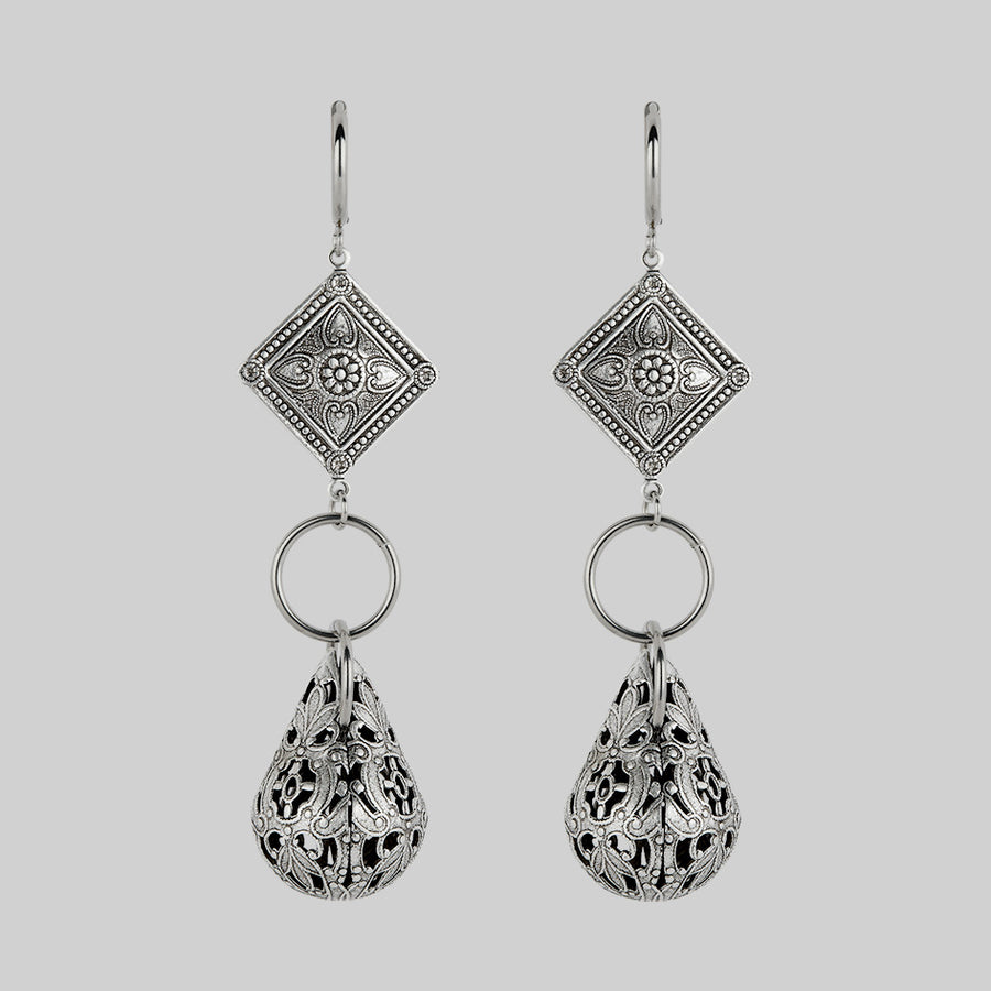 gothic teardrop antique silver hoop earrings filigree