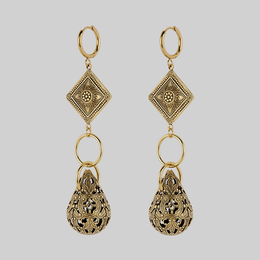 AMPHITRITE. Ornate Teardrop Hoop Earrings - Gold gothic teardrop antique gold hoop earrings filigree