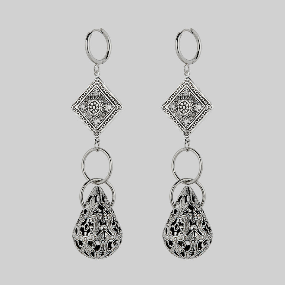 gothic teardrop antique silver hoop earrings filigree