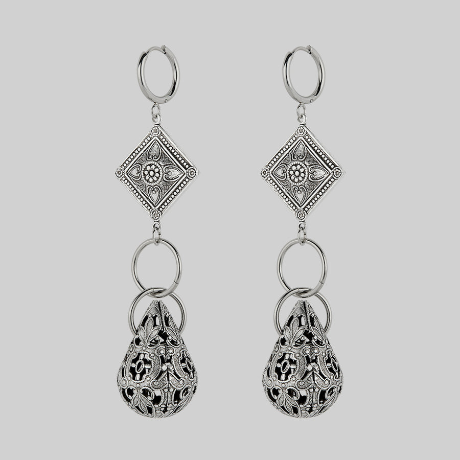 AMPHITRITE. Ornate Teardrop Hoop Earrings - Silver gothic teardrop antique silver hoop earrings filigree