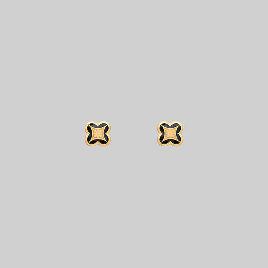 ANNIE. Tiny Tudor Crest Black Enamel Stud Earrings - Gold