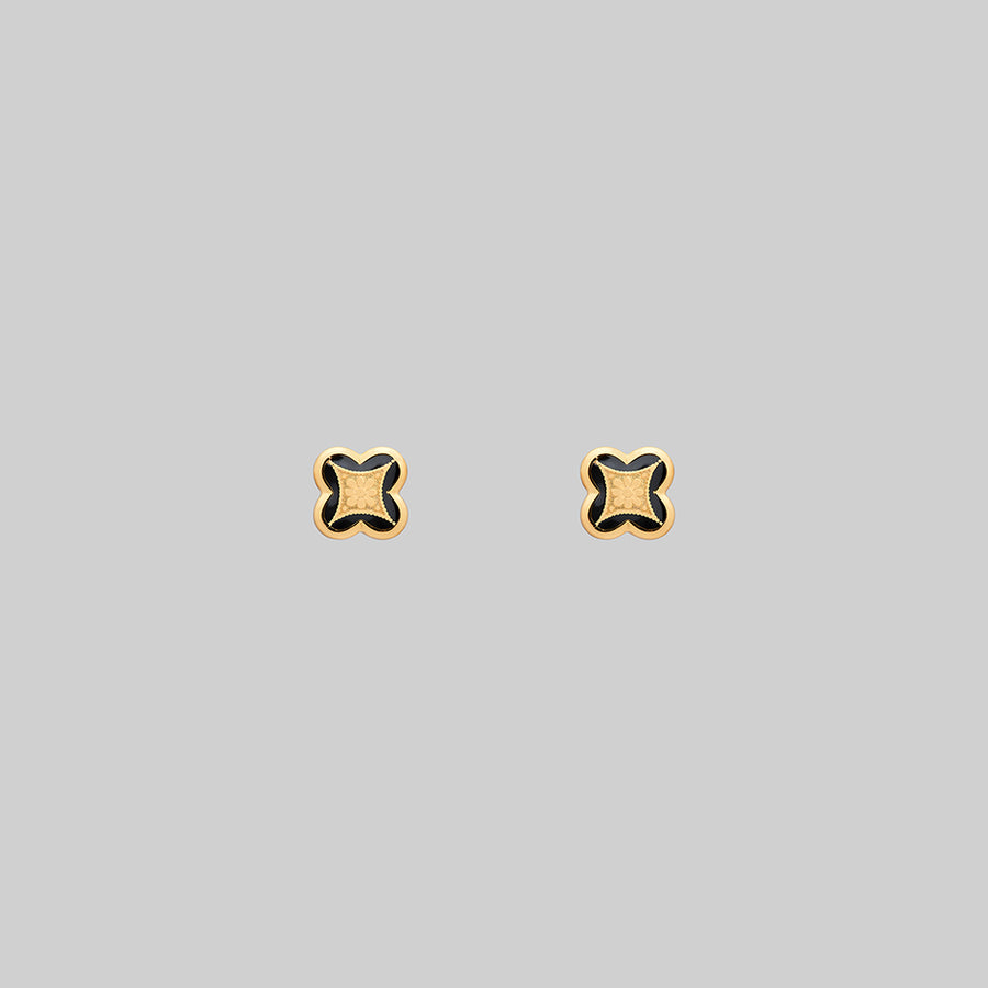 ANNIE. Tiny Tudor Crest Black Enamel Stud Earrings - Gold