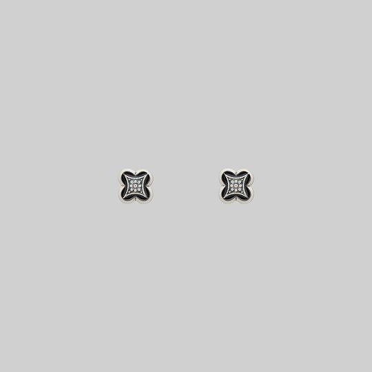 ANNIE. Tiny Tudor Crest Black Enamel Stud Earrings - Silver
