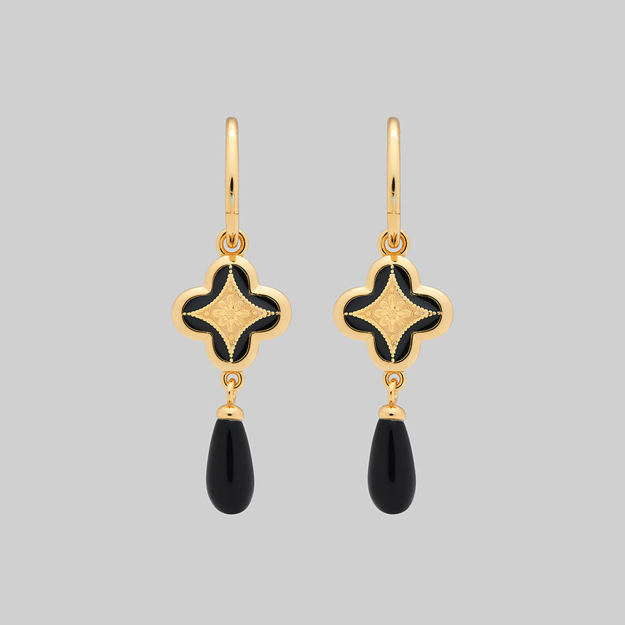 ANNIE. Tudor Crest Black Enamel Hoop Earrings - Gold gold gothic enamel vintage hoop earrings