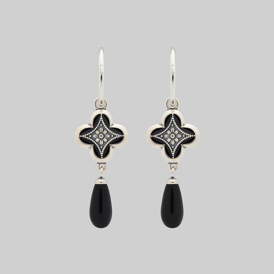 ANNIE. Tudor Crest Black Enamel Hoop Earrings - Silver