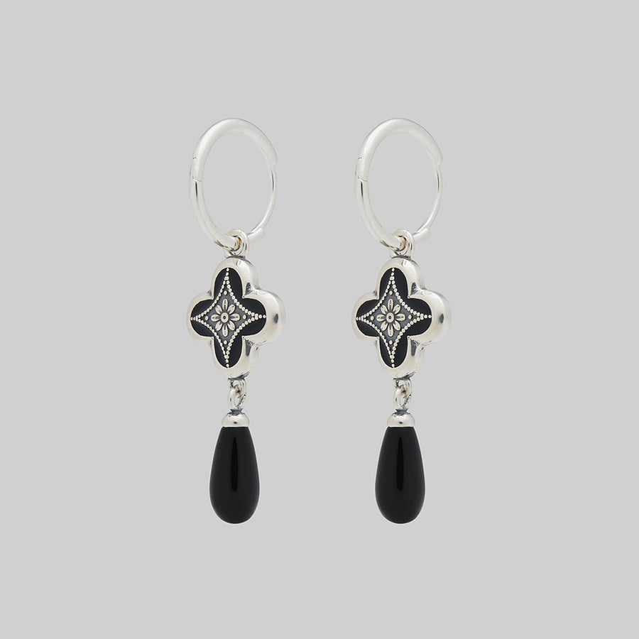 ANNIE. Tudor Crest Black Enamel Hoop Earrings - Silver silver gothic black drop hoop earrings