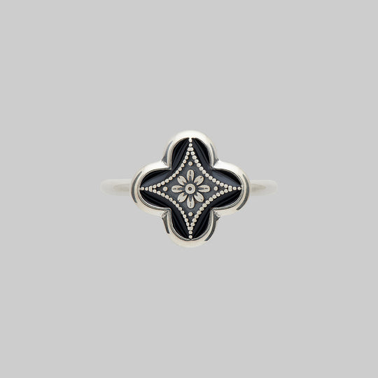 ANNIE. Tudor Crest Black Enamel Ring - Silver