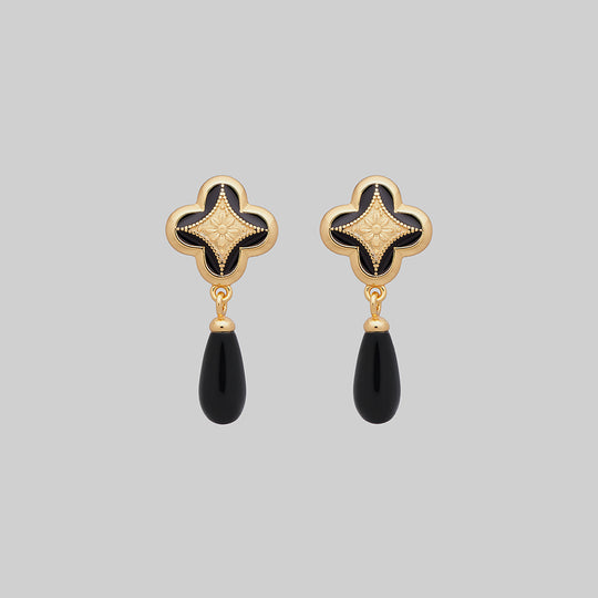 ANNIE. Tudor Crest Black Enamel Stud Earrings - Gold