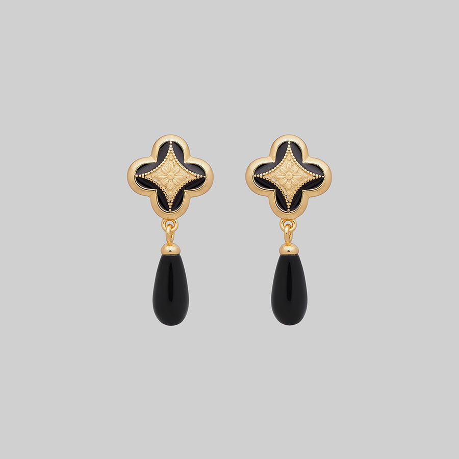 ANNIE. Tudor Crest Black Enamel Stud Earrings - Gold