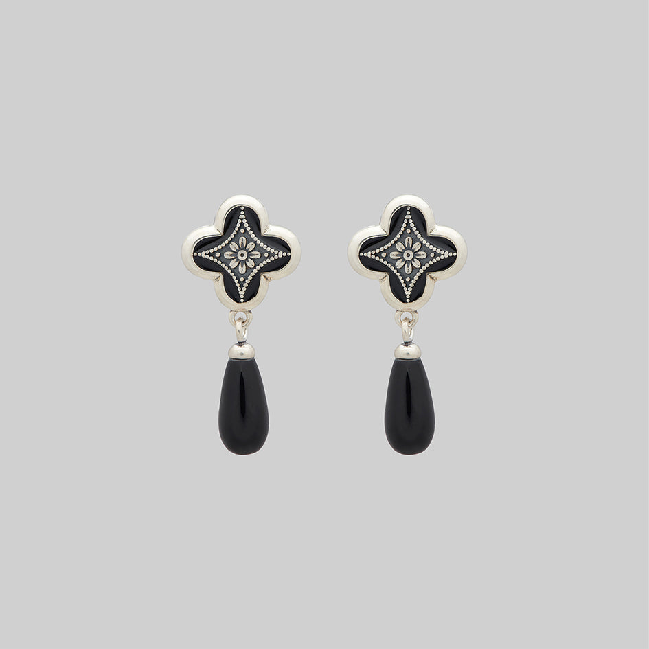 silver drop black agate gothic earrings