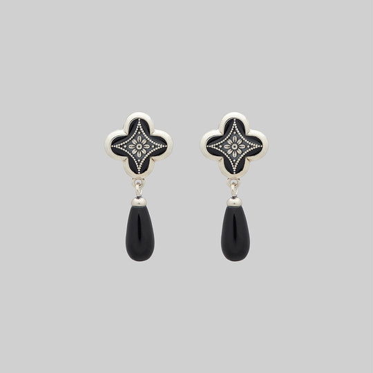 ANNIE. Tudor Crest Black Enamel Stud Earrings - Silver
