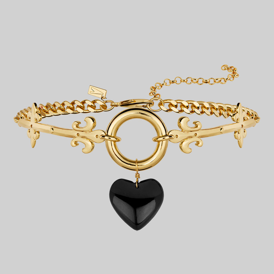 ARMOURED HEART. Black Glass Heart Hinged Choker - Gold