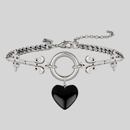 ARMOURED HEART. Black Glass Heart Hinged Choker - Silver