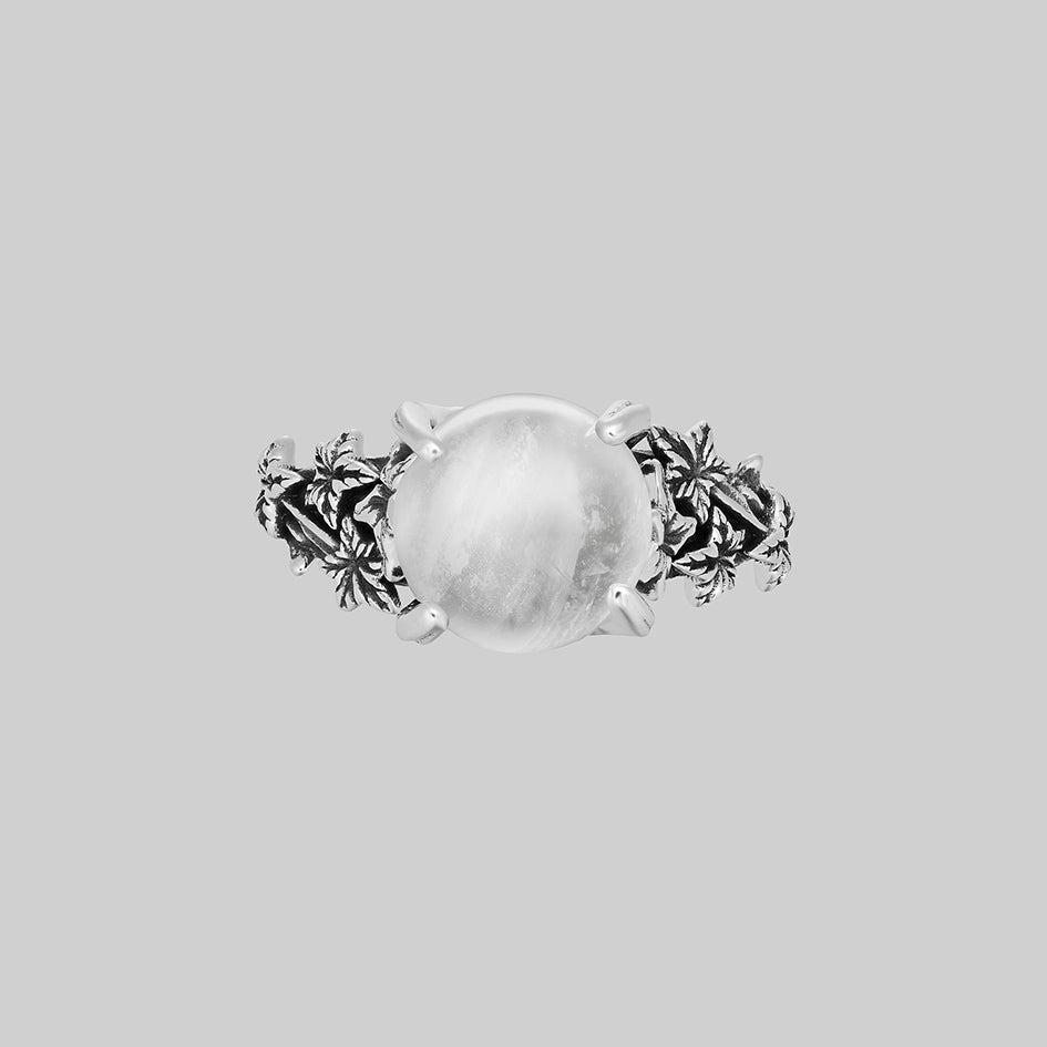 Silver crystal ball ring with ivy band, top view