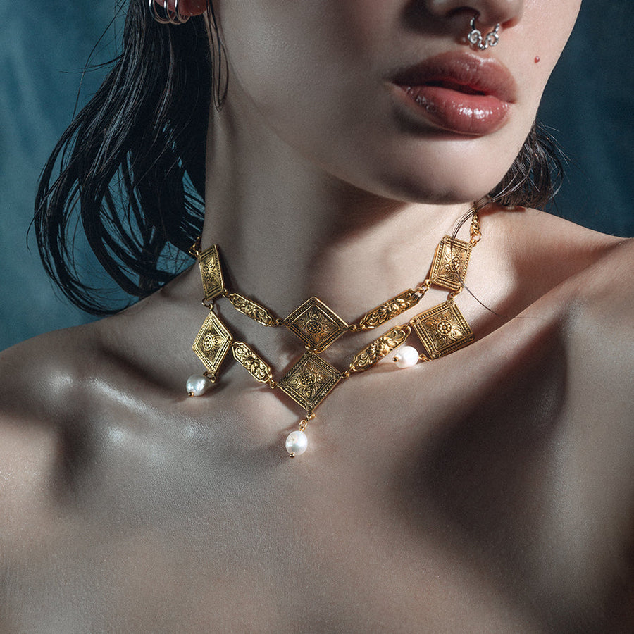 ornate gothic pearl gold choker
