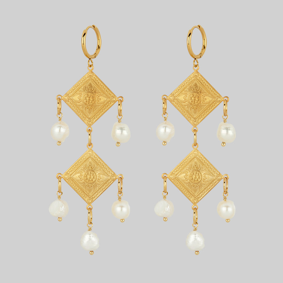 gold pearl chandelier statement hoop earrings