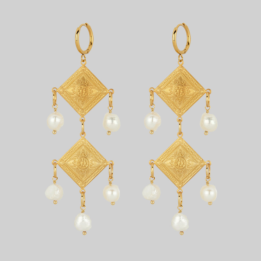 gold pearl chandelier statement hoop earrings