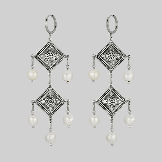 BANQUET. Pearl Chandelier Hoop Earrings - Silver