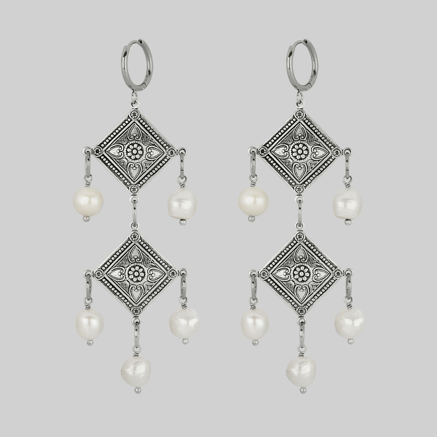 BANQUET. Pearl Chandelier Hoop Earrings - Silver