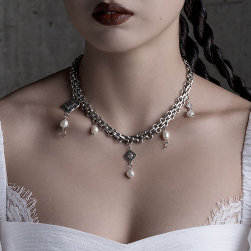 ELVIRA. Medieval Cross Garnet Necklace  - Gold