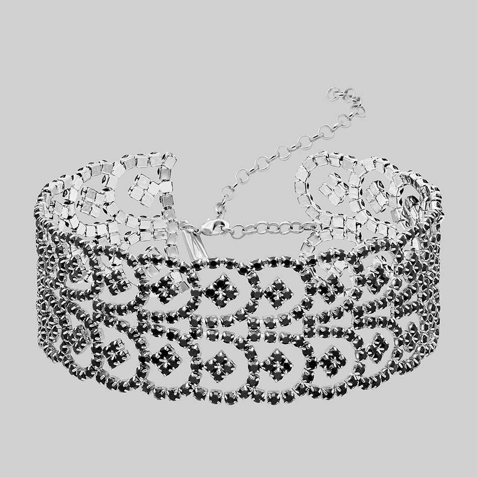 Brenna rhodium plated wide dazzle chain choker with black cubic zirconia