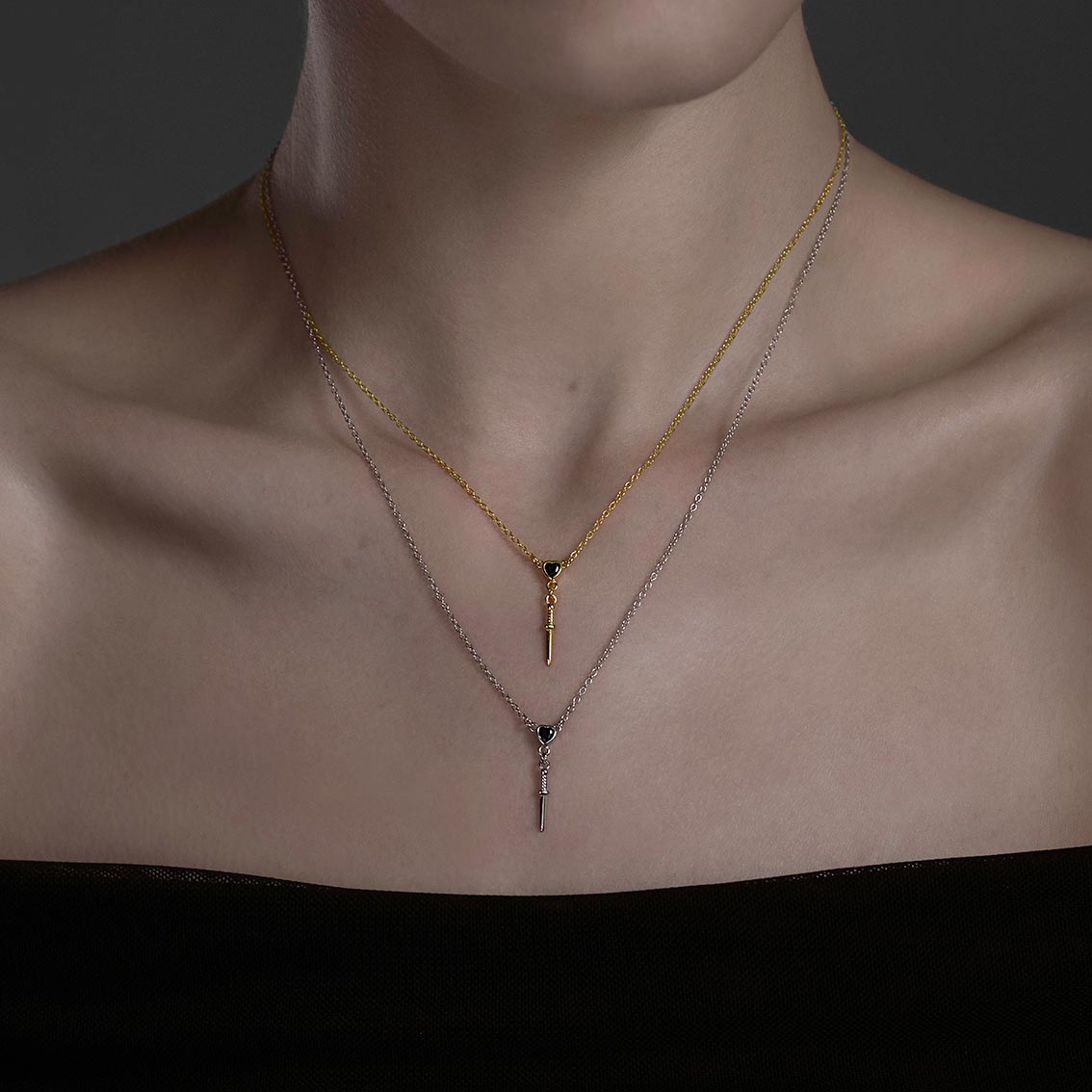 Gothic dagger necklace with black heart dainty alternative jewellery