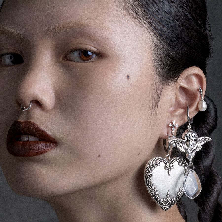 PORTRAIT. Ornate Heart Hoop Earrings - Silver PORTRAIT. Ornate Heart Hoop Earrings - Silver