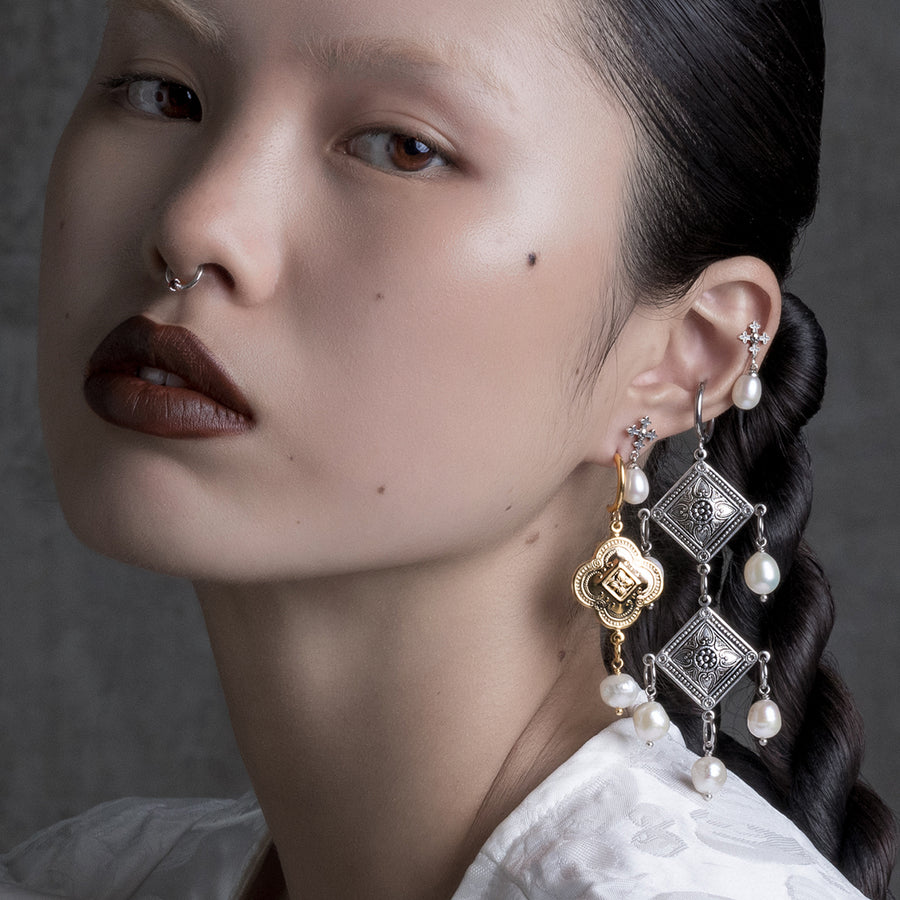 REALM. Quatrefoil Pearl Hoop Earrings - Gold gold plated quatrefoil charm and pearl drop earrings