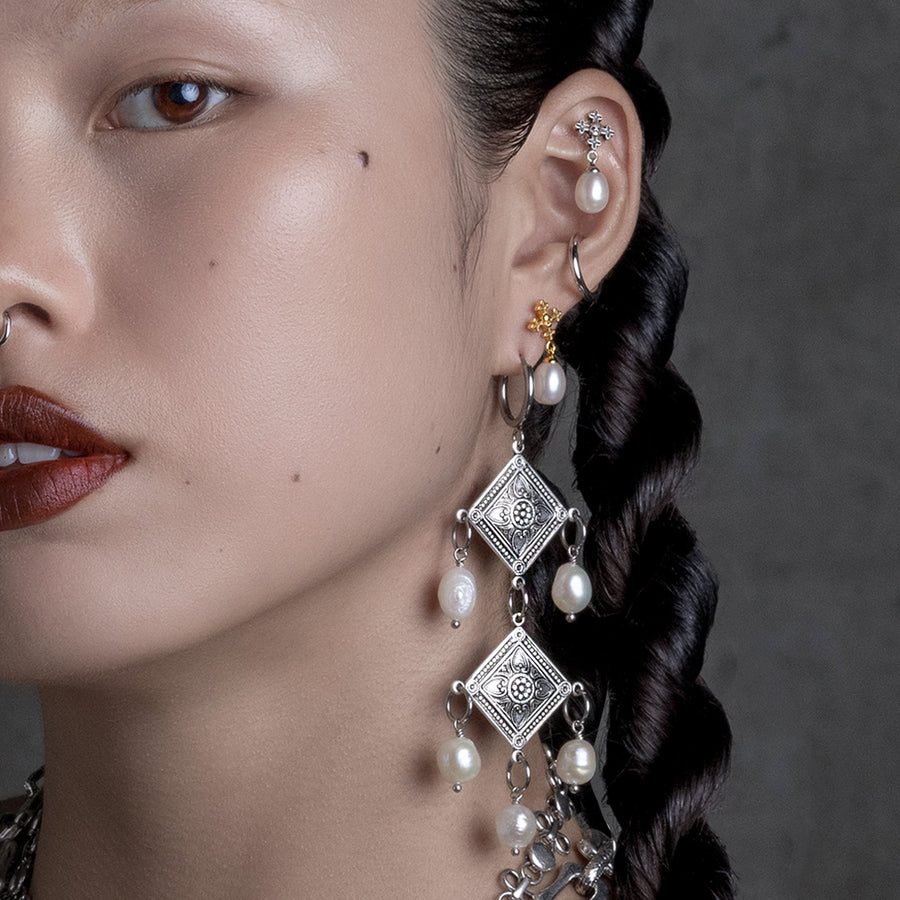 OPHELIA. Medieval Cross Stud Earring - Silver freshwater pearl drop cartilage stud