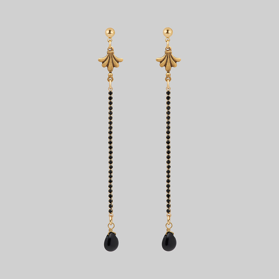 gold black stone ornate gothic long earrings