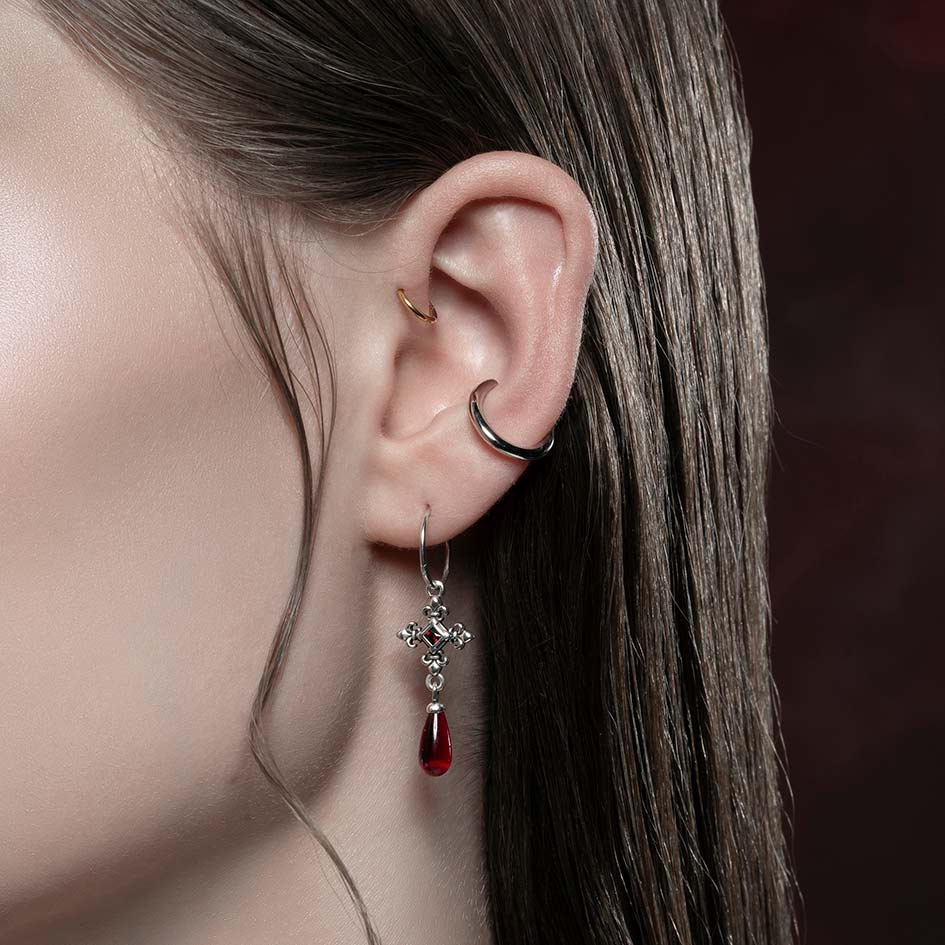 silver fleur de lis garnet drop earrings