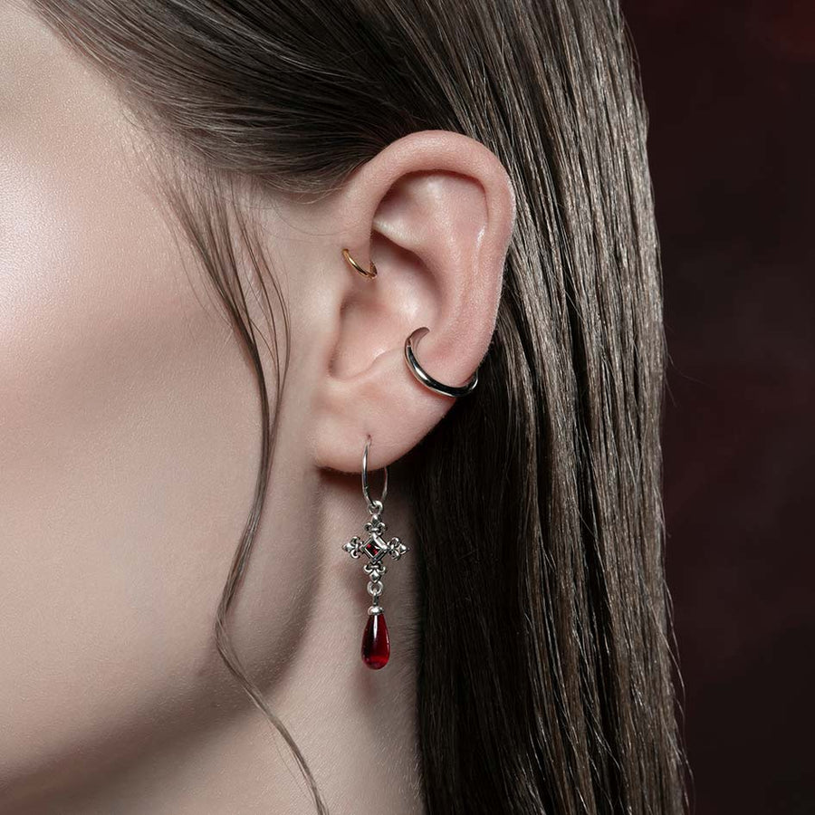 CRIMSON. Medieval Garnet Hoop Earrings - Silver silver fleur de lis garnet drop earrings